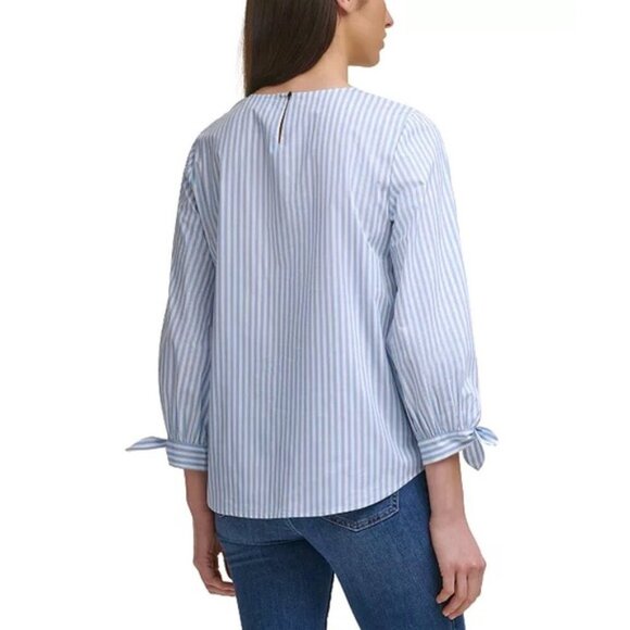 NWT Calvin Klein Striped Tie-Cuff Poplin Top Size M - Picture 2 of 15